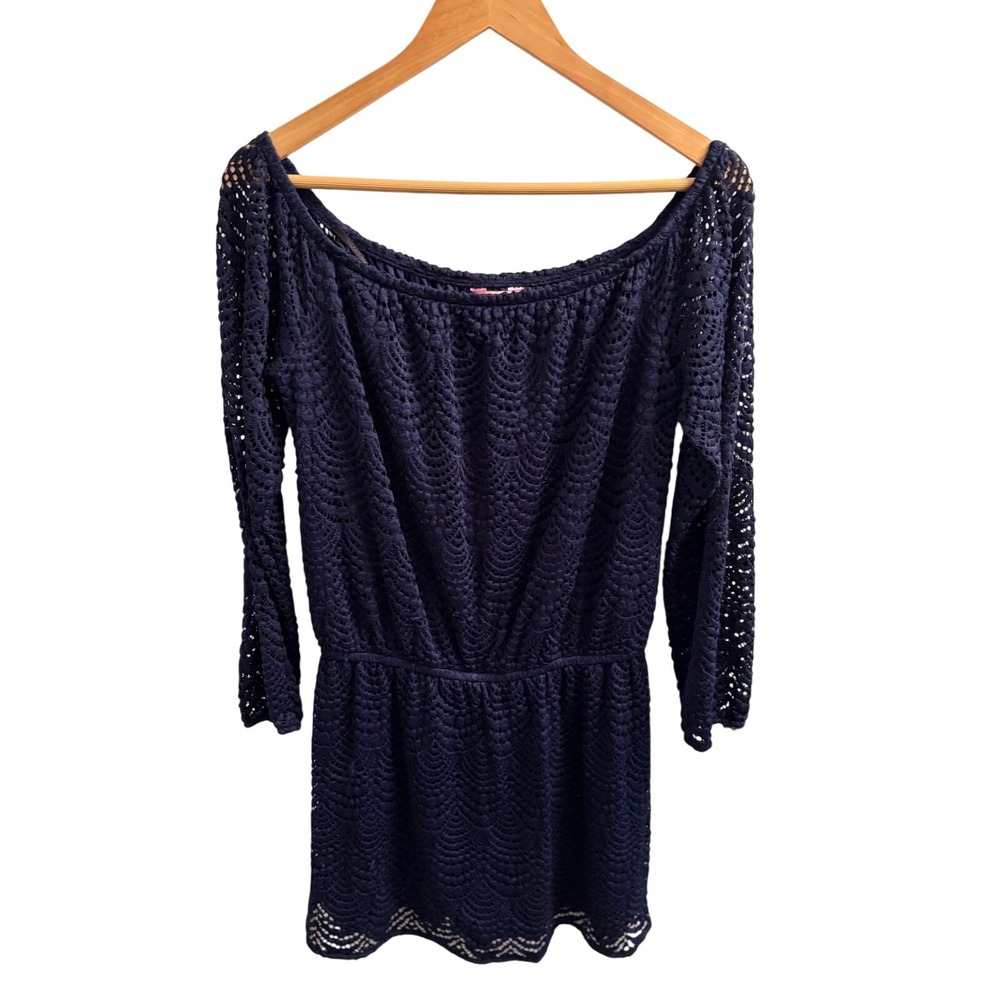 Lilly Pulitzer Navy Blue Crochet Lace Off The Shoulder Dress Womens Medium